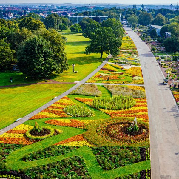 Tagesfahrt egapark in Erfurt - Luftaufnahme des großen Blumenbeets © egapark Erfurt gGmbH BUGA 2021
